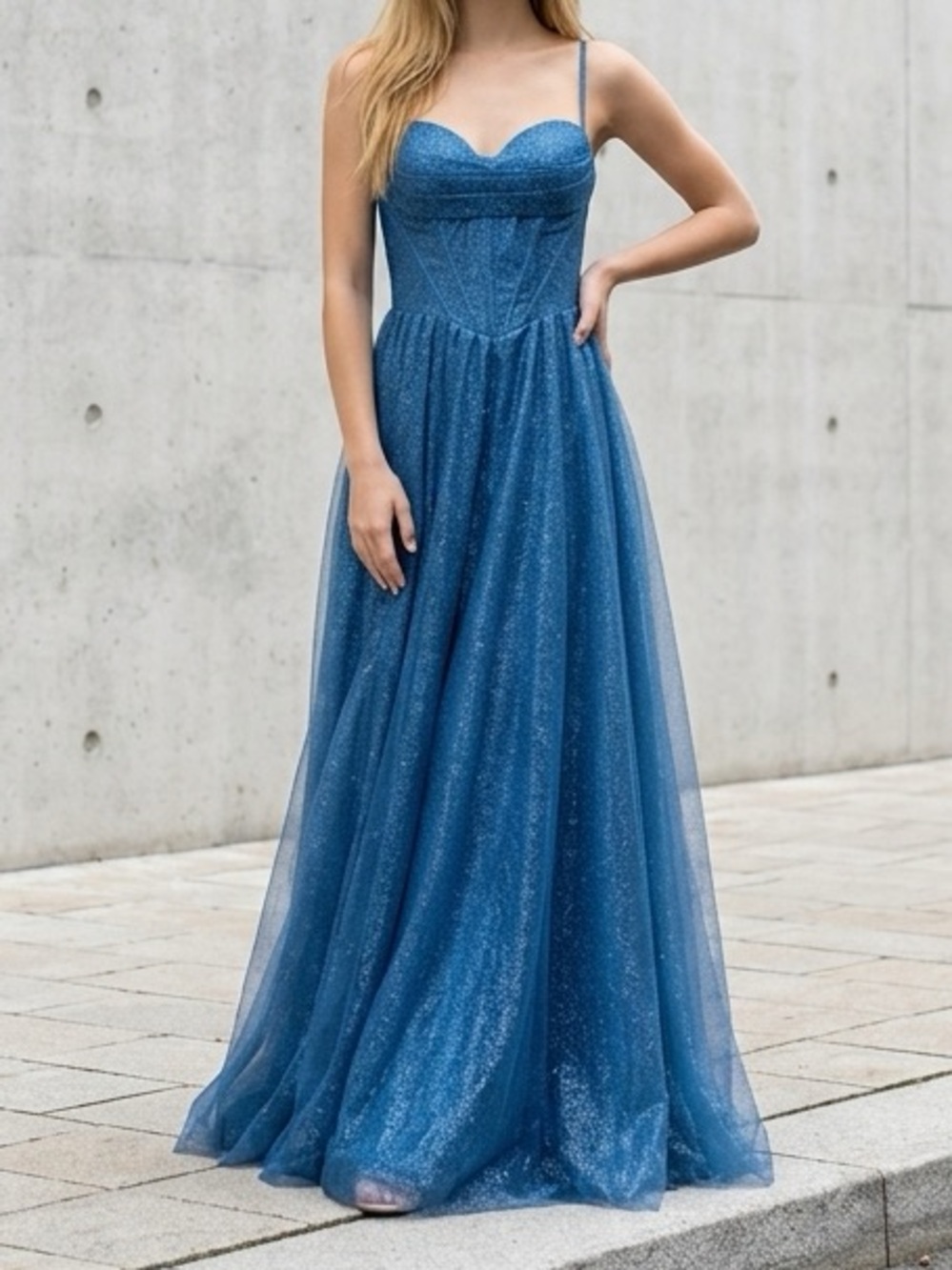 Sparkling Blue Tulle A-Line Evening Gown
